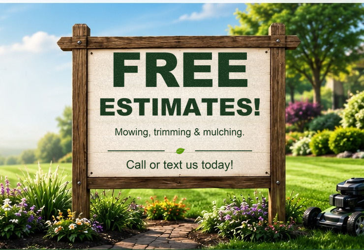 A freshly mowed, striped lawn with flowerbeds and a wooden sign that reads: Free estimates! Mowing, trimming and mulching. Call or text us today!